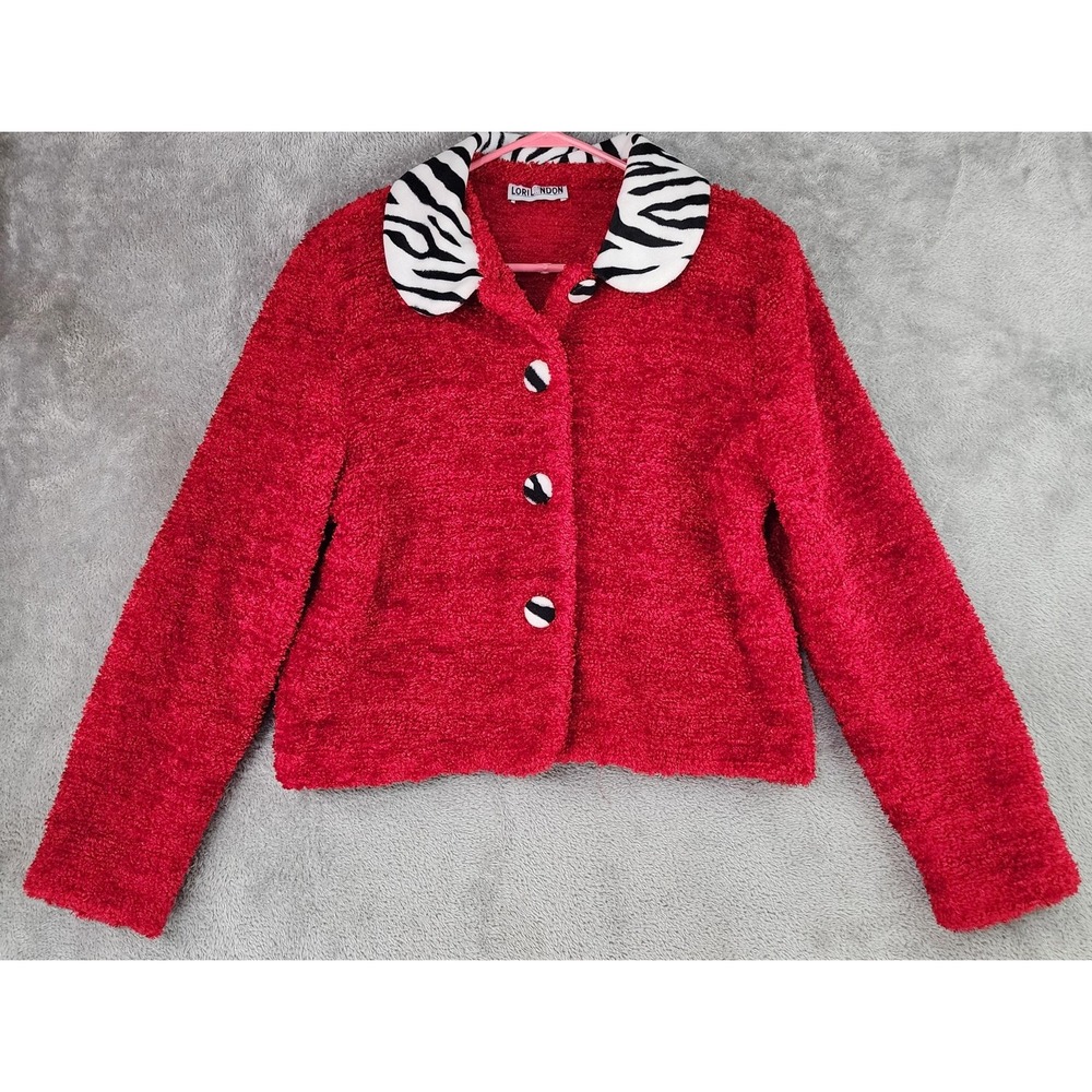 Lori Lundon Jacket Womens Medium Red Fuzzy Zebra Collar Button Front Made USA